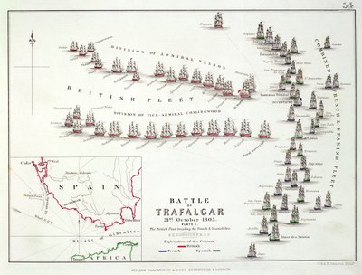 La battaglia di Trafalgar, 21 ottobre 1805, la rottura della linea francese e spagnola da parte degli inglesi, c.1830 da Alexander Keith Johnston